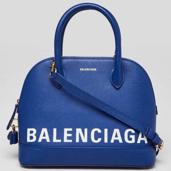 Balenciaga Blue Stamped Calfskin Leather Small Ville Satchel Bag - Picture 1 of 12